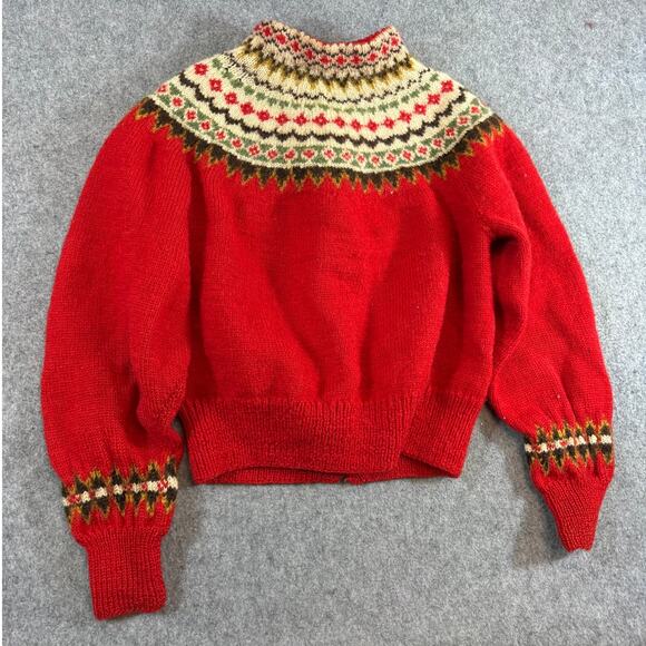 VTG 50s William Schmidt Oslo Norway Cardigan Sweater Womens Red Fair Isle Small - Picture 4 of 9